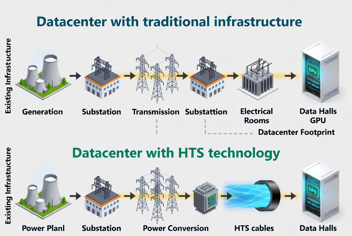 Data center footprint using traditional vs. superconducting cable.