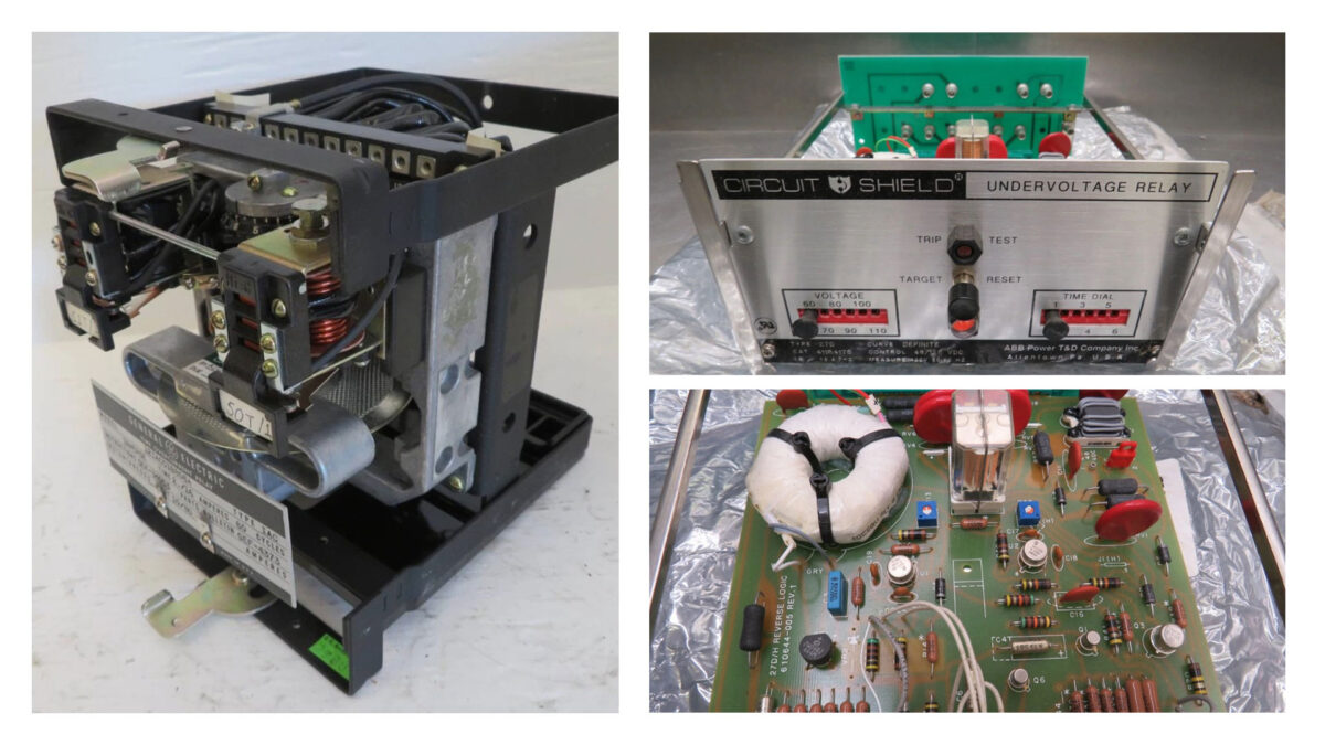 Electromechanical relays (left) depend on moving mechanical parts for operation. Solid state relays (right) use electronic components such as capacitors and resistors. Both require special attention and care.